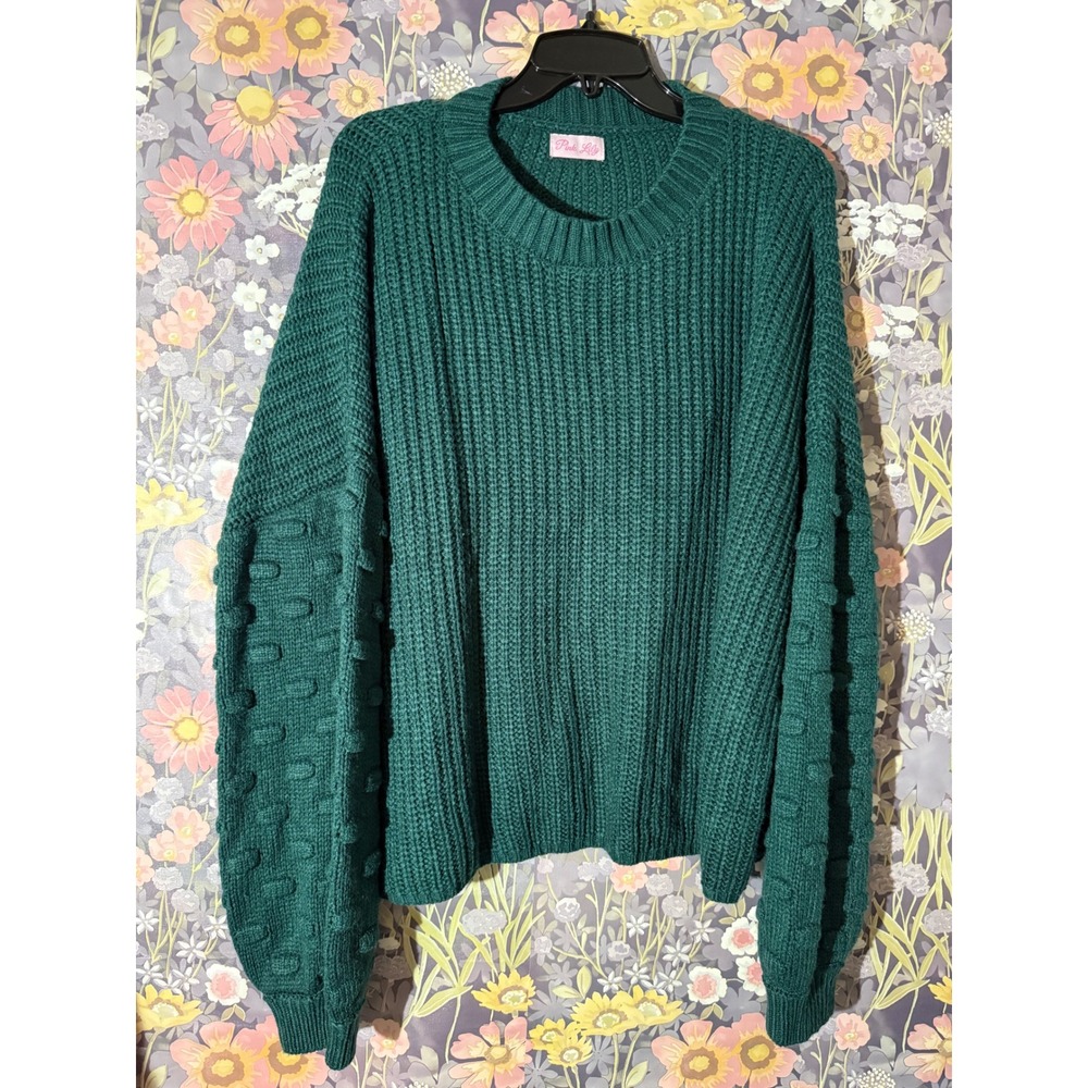 Pink Lily Green Ribbed‎ Bobble Sleeve Sweater Pullover Cozy Knit Women OS